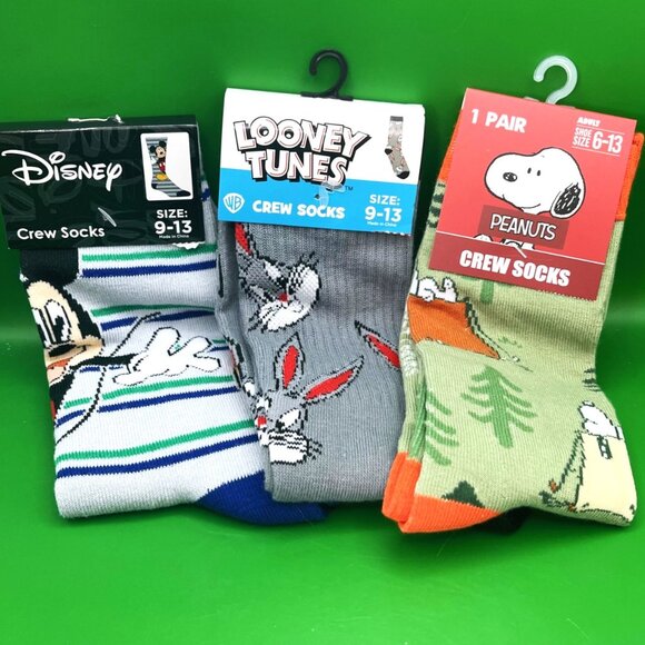 Lot of 3 Cartoon Crew Socks Peanuts Snoopy Disney Mickey Looney Tunes Bugs Bunny - Picture 1 of 15